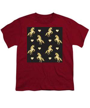 Vector seamless pattern of golden glitter unicorn silhouette isolated on black background - Youth T-Shirt