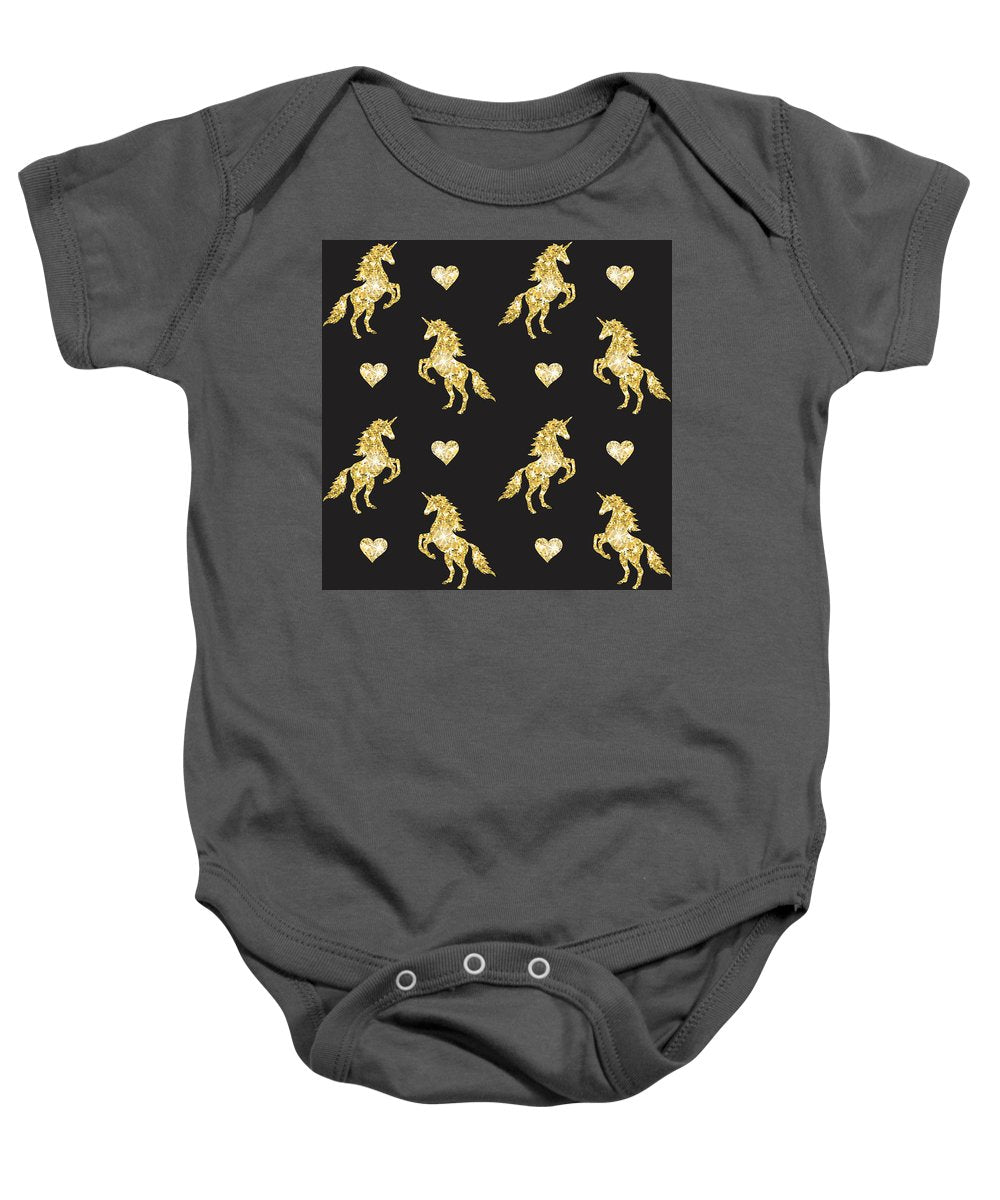 Vector seamless pattern of golden glitter unicorn silhouette isolated on black background - Baby Onesie