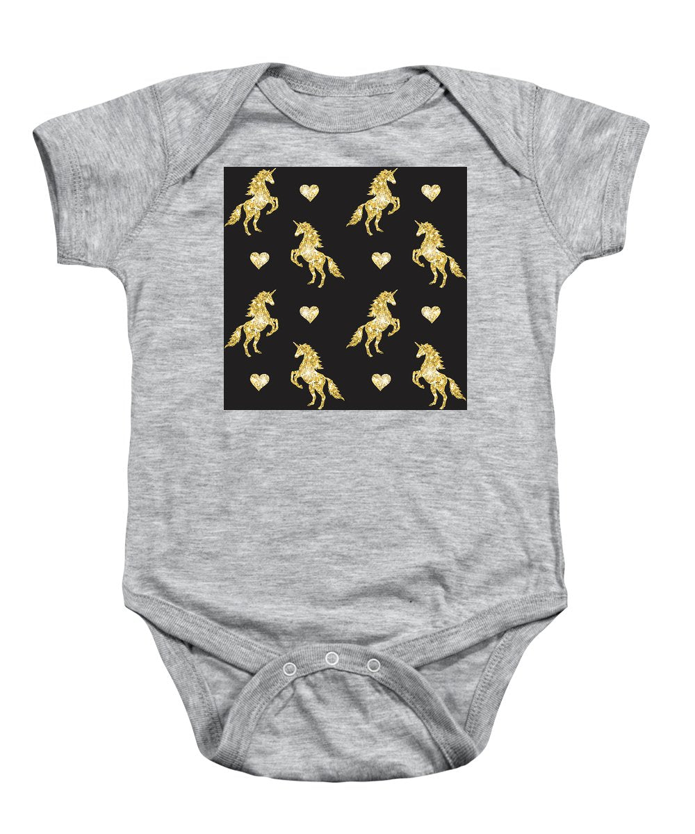 Vector seamless pattern of golden glitter unicorn silhouette isolated on black background - Baby Onesie