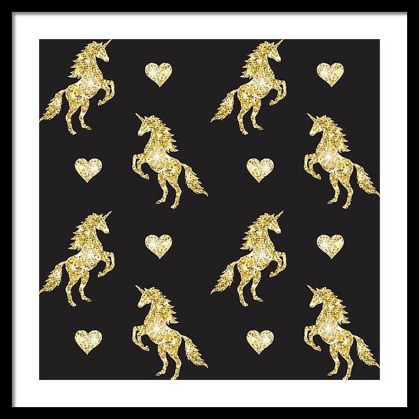 Vector seamless pattern of golden glitter unicorn silhouette isolated on black background - Framed Print