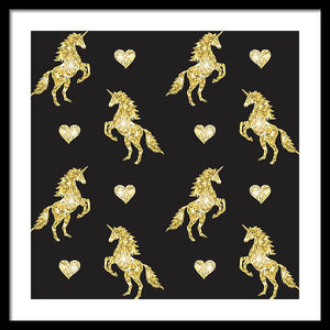 Vector seamless pattern of golden glitter unicorn silhouette isolated on black background - Framed Print