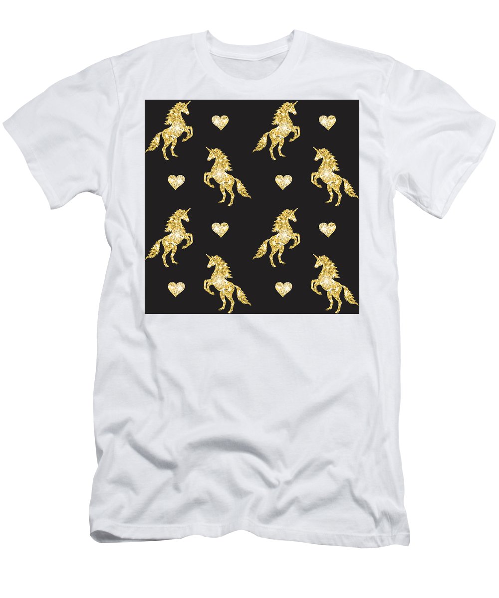 Vector seamless pattern of golden glitter unicorn silhouette isolated on black background - T-Shirt