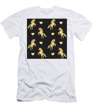 Vector seamless pattern of golden glitter unicorn silhouette isolated on black background - T-Shirt