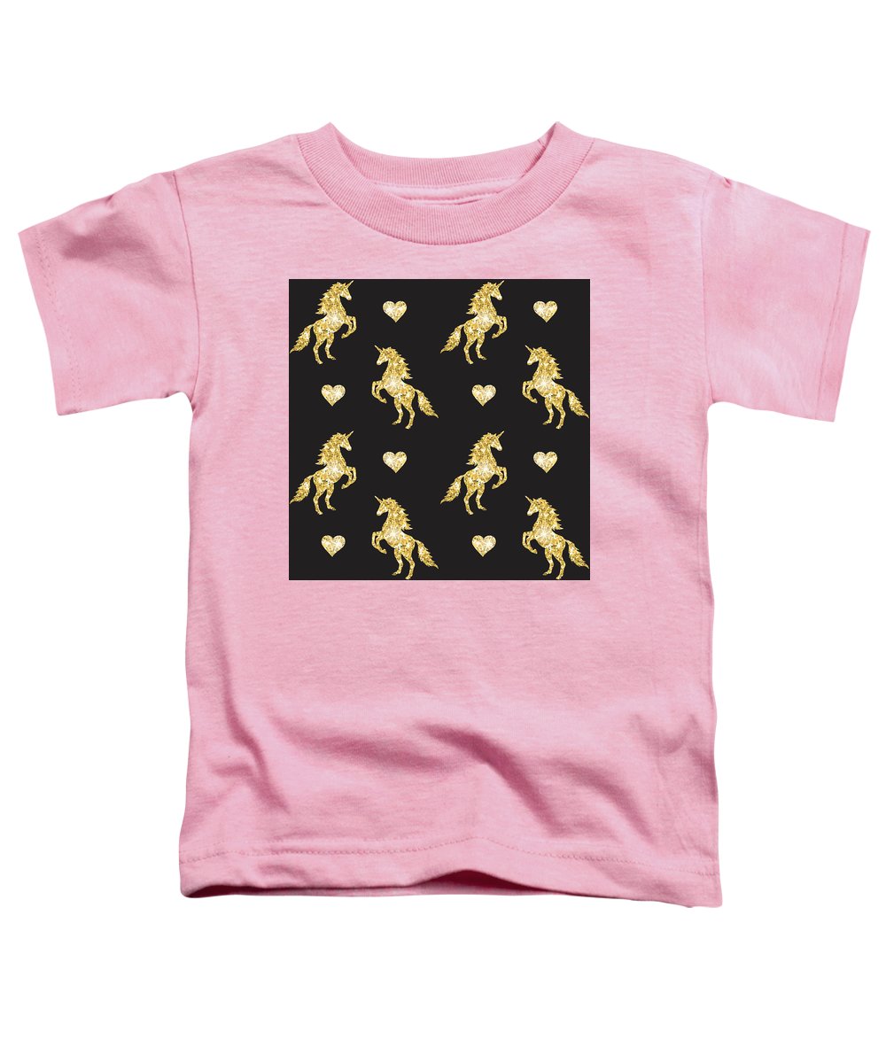 Vector seamless pattern of golden glitter unicorn silhouette isolated on black background - Toddler T-Shirt