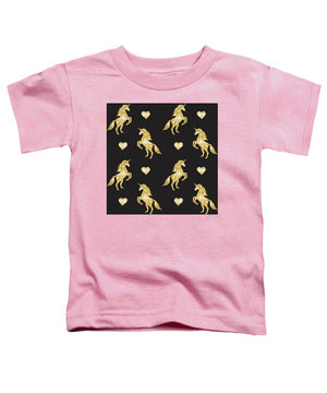 Vector seamless pattern of golden glitter unicorn silhouette isolated on black background - Toddler T-Shirt