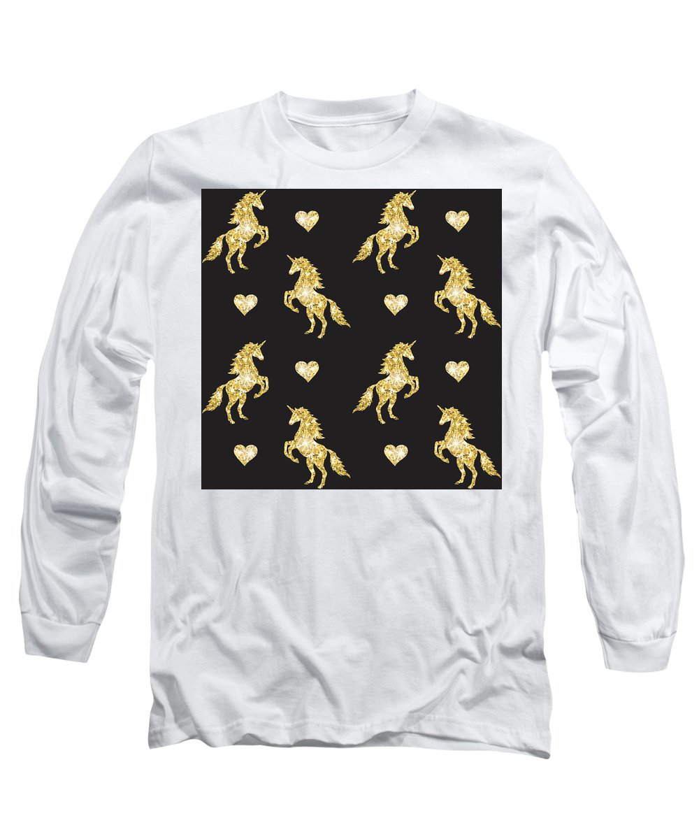 Vector seamless pattern of golden glitter unicorn silhouette isolated on black background - Long Sleeve T-Shirt