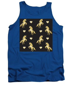 Vector seamless pattern of golden glitter unicorn silhouette isolated on black background - Tank Top