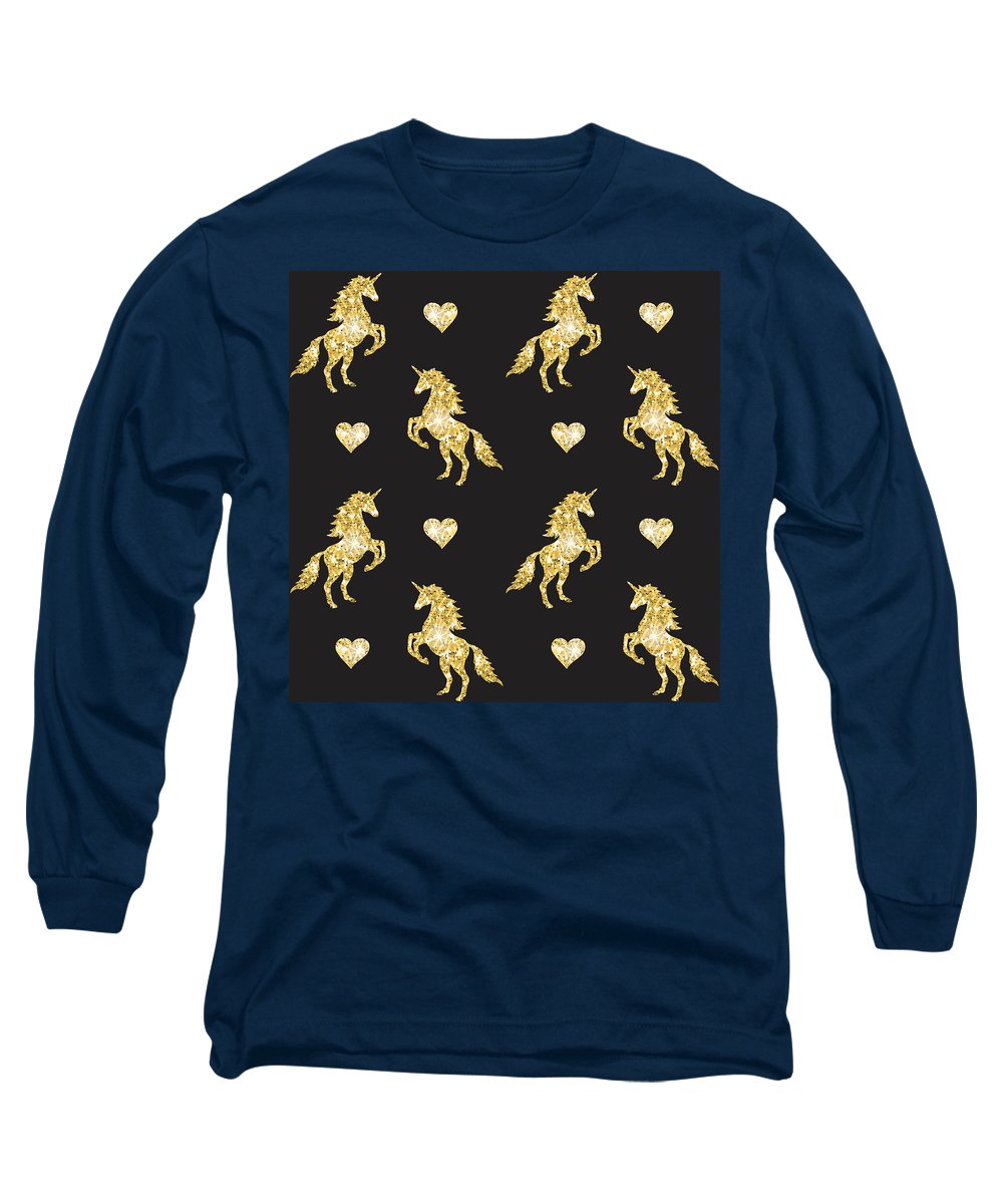 Vector seamless pattern of golden glitter unicorn silhouette isolated on black background - Long Sleeve T-Shirt