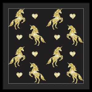 Vector seamless pattern of golden glitter unicorn silhouette isolated on black background - Framed Print