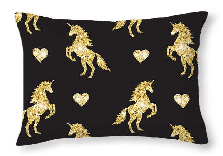 Vector seamless pattern of golden glitter unicorn silhouette isolated on black background - Throw Pillow