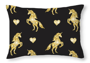 Vector seamless pattern of golden glitter unicorn silhouette isolated on black background - Throw Pillow