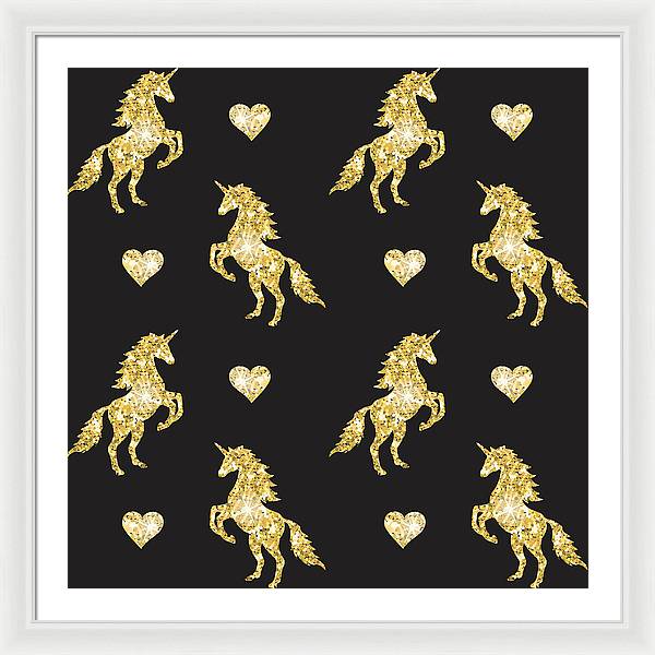 Vector seamless pattern of golden glitter unicorn silhouette isolated on black background - Framed Print