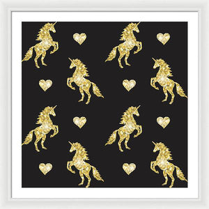 Vector seamless pattern of golden glitter unicorn silhouette isolated on black background - Framed Print