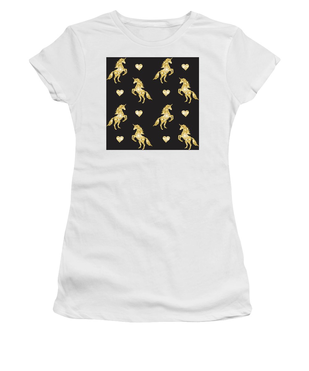 Vector seamless pattern of golden glitter unicorn silhouette isolated on black background - Women's T-Shirt