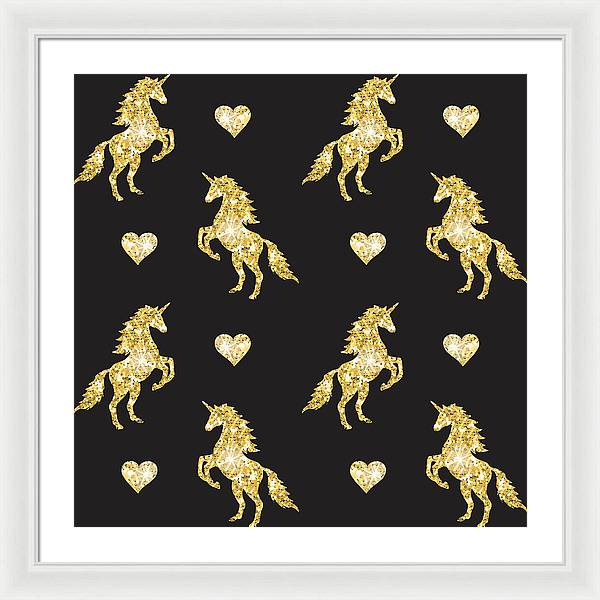 Vector seamless pattern of golden glitter unicorn silhouette isolated on black background - Framed Print