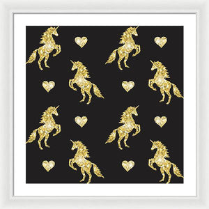Vector seamless pattern of golden glitter unicorn silhouette isolated on black background - Framed Print