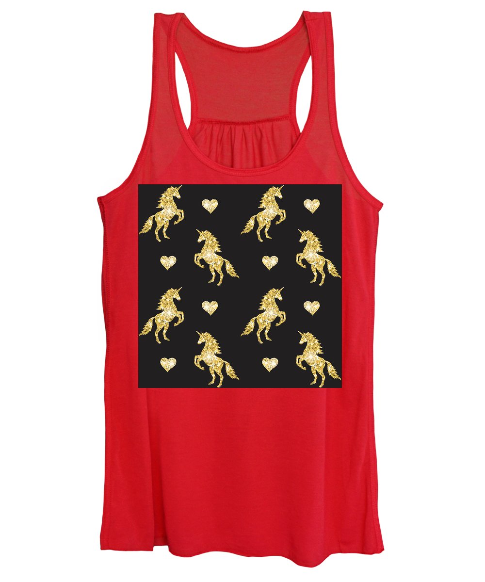 Vector seamless pattern of golden glitter unicorn silhouette isolated on black background - Women's Tank Top