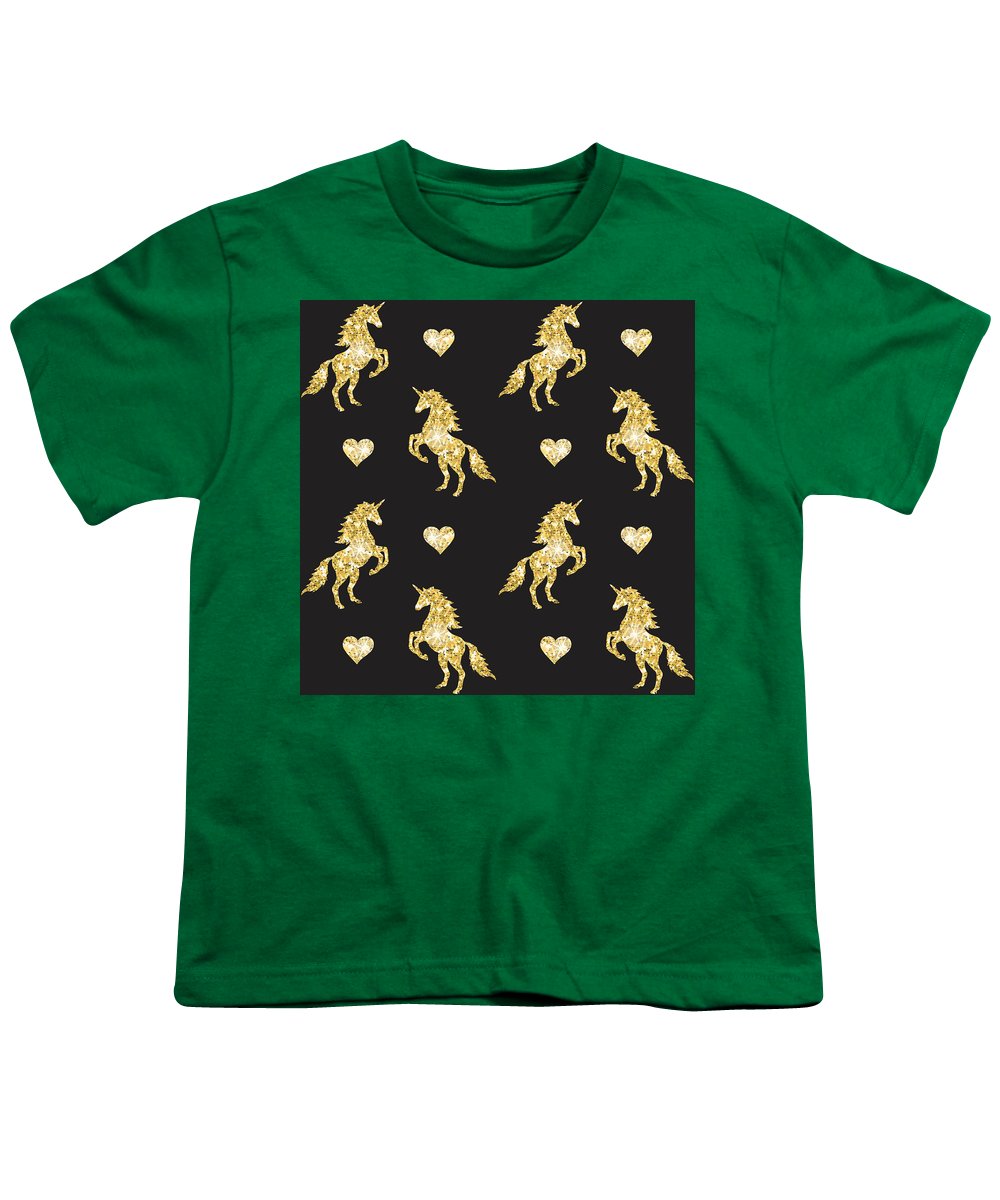 Vector seamless pattern of golden glitter unicorn silhouette isolated on black background - Youth T-Shirt