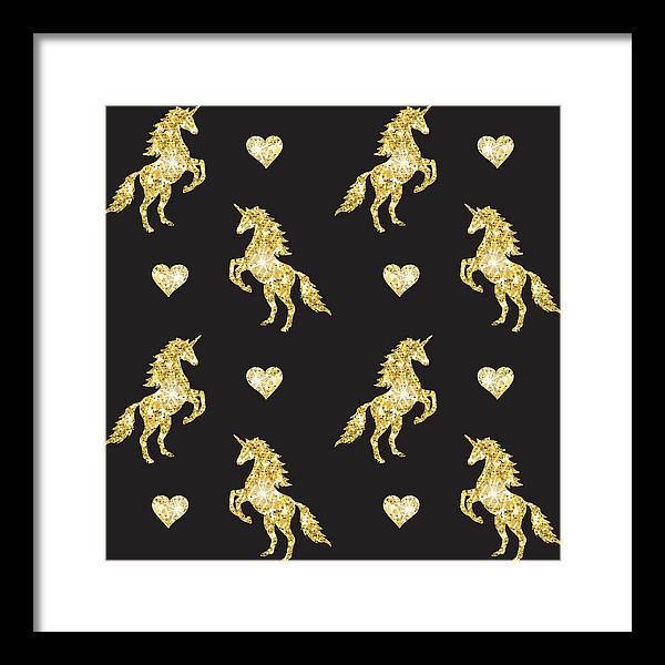 Vector seamless pattern of golden glitter unicorn silhouette isolated on black background - Framed Print