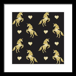Vector seamless pattern of golden glitter unicorn silhouette isolated on black background - Framed Print