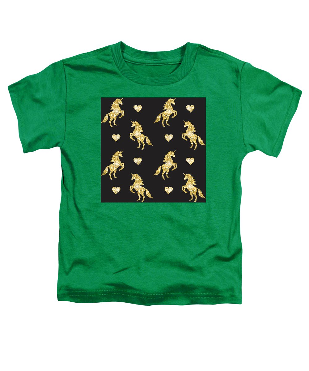 Vector seamless pattern of golden glitter unicorn silhouette isolated on black background - Toddler T-Shirt