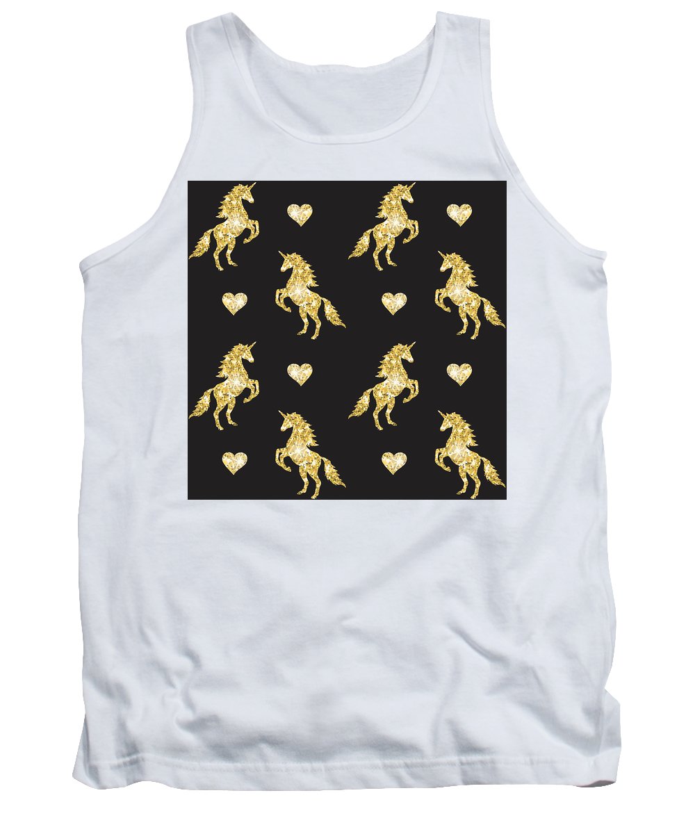 Vector seamless pattern of golden glitter unicorn silhouette isolated on black background - Tank Top