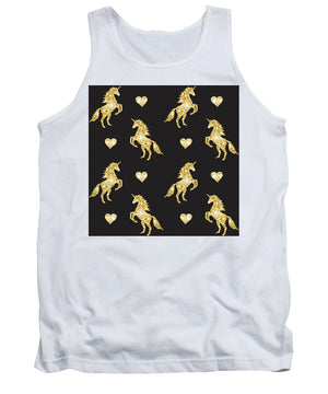 Vector seamless pattern of golden glitter unicorn silhouette isolated on black background - Tank Top