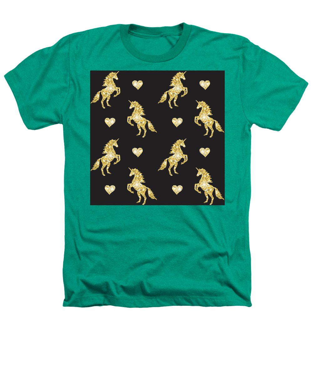 Vector seamless pattern of golden glitter unicorn silhouette isolated on black background - Heathers T-Shirt