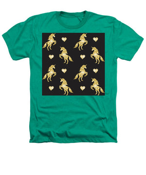 Vector seamless pattern of golden glitter unicorn silhouette isolated on black background - Heathers T-Shirt