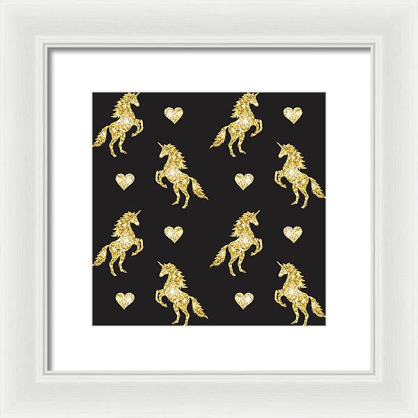 Vector seamless pattern of golden glitter unicorn silhouette isolated on black background - Framed Print