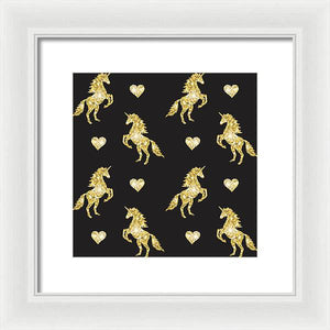 Vector seamless pattern of golden glitter unicorn silhouette isolated on black background - Framed Print