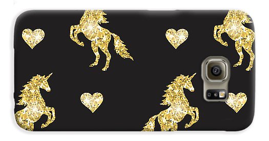 Vector seamless pattern of golden glitter unicorn silhouette isolated on black background - Phone Case