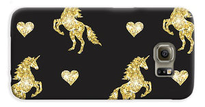 Vector seamless pattern of golden glitter unicorn silhouette isolated on black background - Phone Case