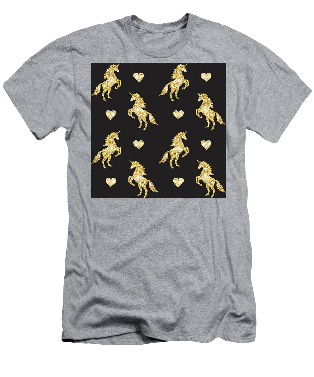 Vector seamless pattern of golden glitter unicorn silhouette isolated on black background - T-Shirt