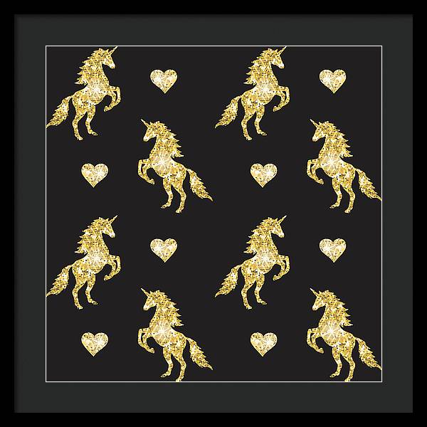 Vector seamless pattern of golden glitter unicorn silhouette isolated on black background - Framed Print