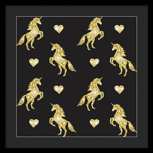Vector seamless pattern of golden glitter unicorn silhouette isolated on black background - Framed Print