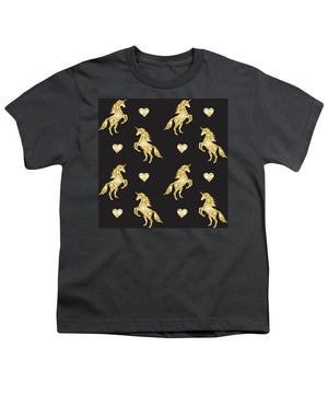 Vector seamless pattern of golden glitter unicorn silhouette isolated on black background - Youth T-Shirt