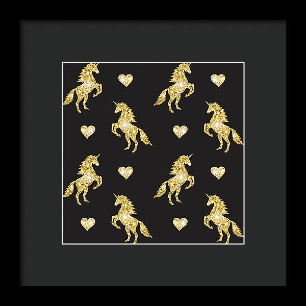 Vector seamless pattern of golden glitter unicorn silhouette isolated on black background - Framed Print