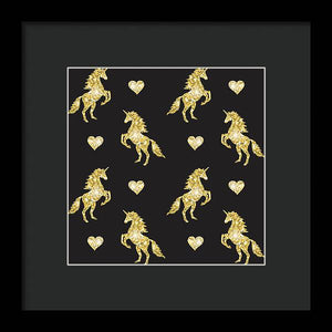 Vector seamless pattern of golden glitter unicorn silhouette isolated on black background - Framed Print