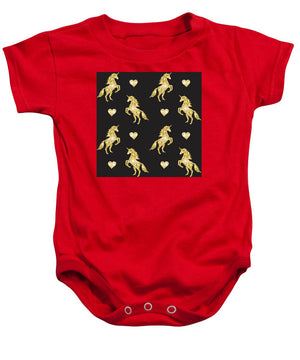 Vector seamless pattern of golden glitter unicorn silhouette isolated on black background - Baby Onesie