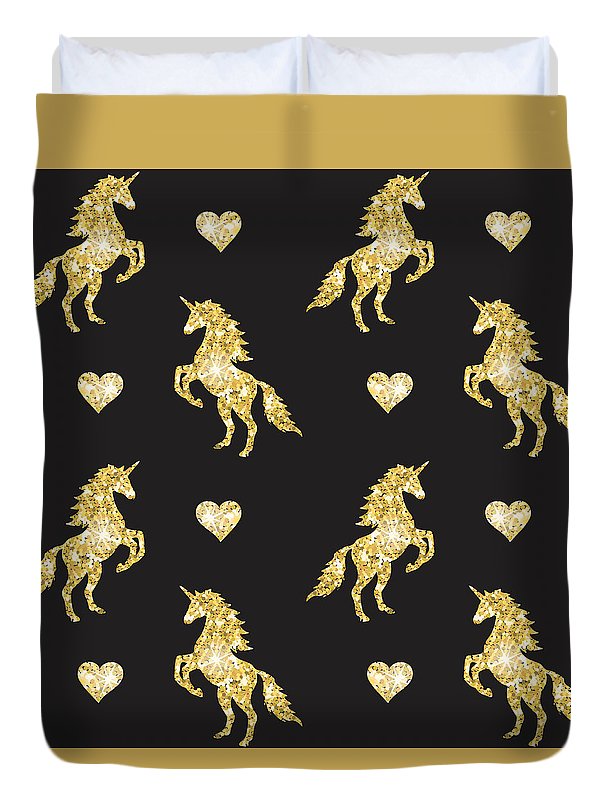 Vector seamless pattern of golden glitter unicorn silhouette isolated on black background - Duvet Cover