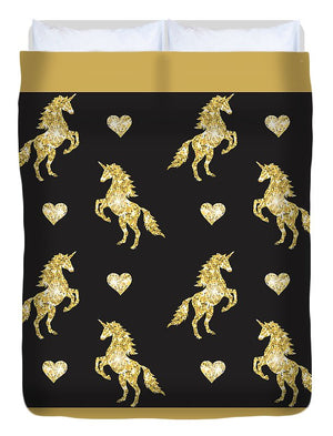 Vector seamless pattern of golden glitter unicorn silhouette isolated on black background - Duvet Cover