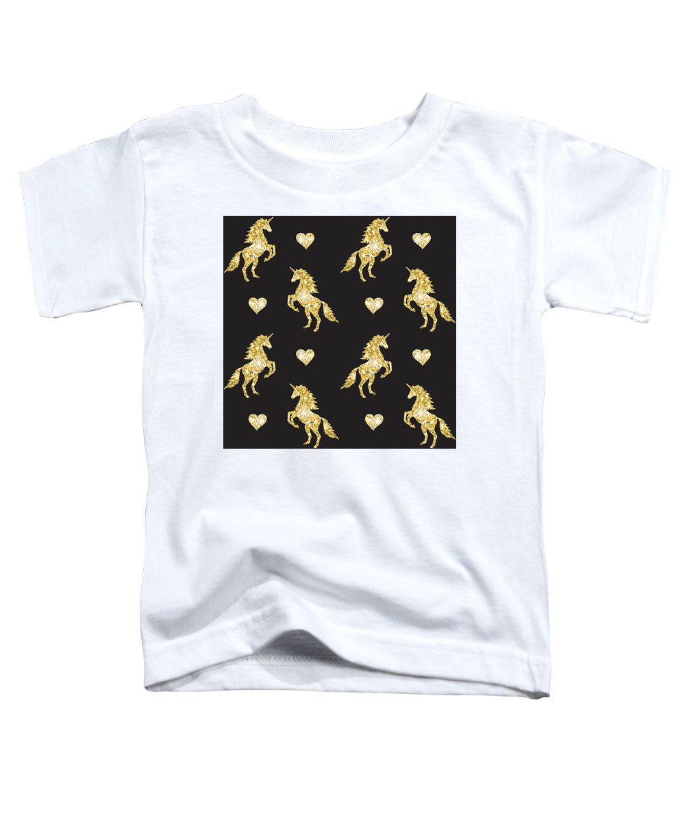 Vector seamless pattern of golden glitter unicorn silhouette isolated on black background - Toddler T-Shirt
