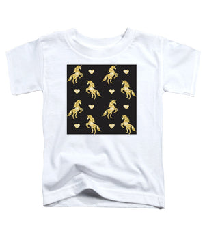 Vector seamless pattern of golden glitter unicorn silhouette isolated on black background - Toddler T-Shirt