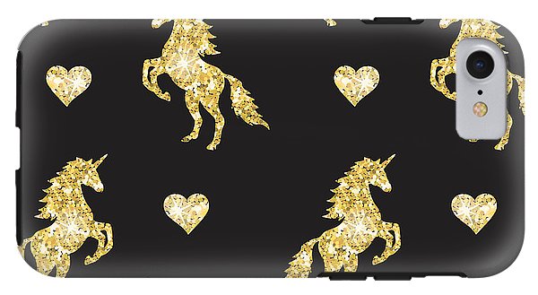 Vector seamless pattern of golden glitter unicorn silhouette isolated on black background - Phone Case