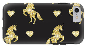 Vector seamless pattern of golden glitter unicorn silhouette isolated on black background - Phone Case