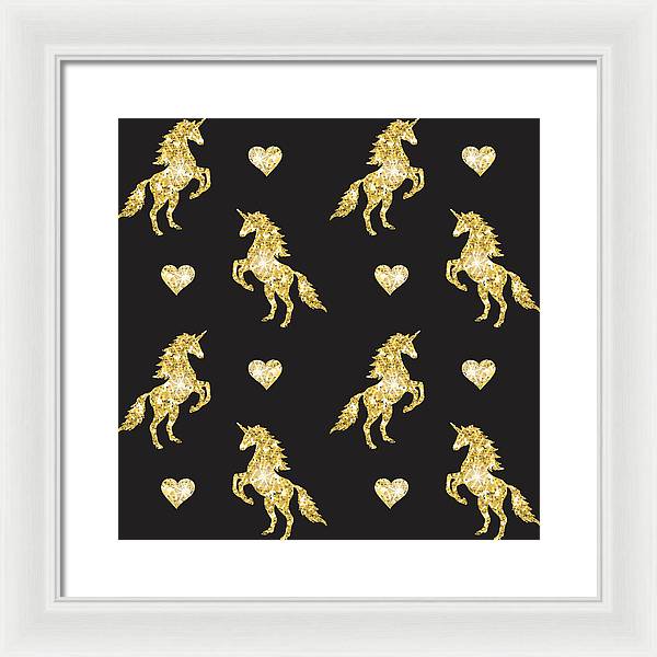 Vector seamless pattern of golden glitter unicorn silhouette isolated on black background - Framed Print