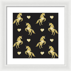 Vector seamless pattern of golden glitter unicorn silhouette isolated on black background - Framed Print