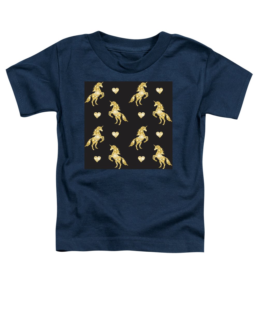 Vector seamless pattern of golden glitter unicorn silhouette isolated on black background - Toddler T-Shirt
