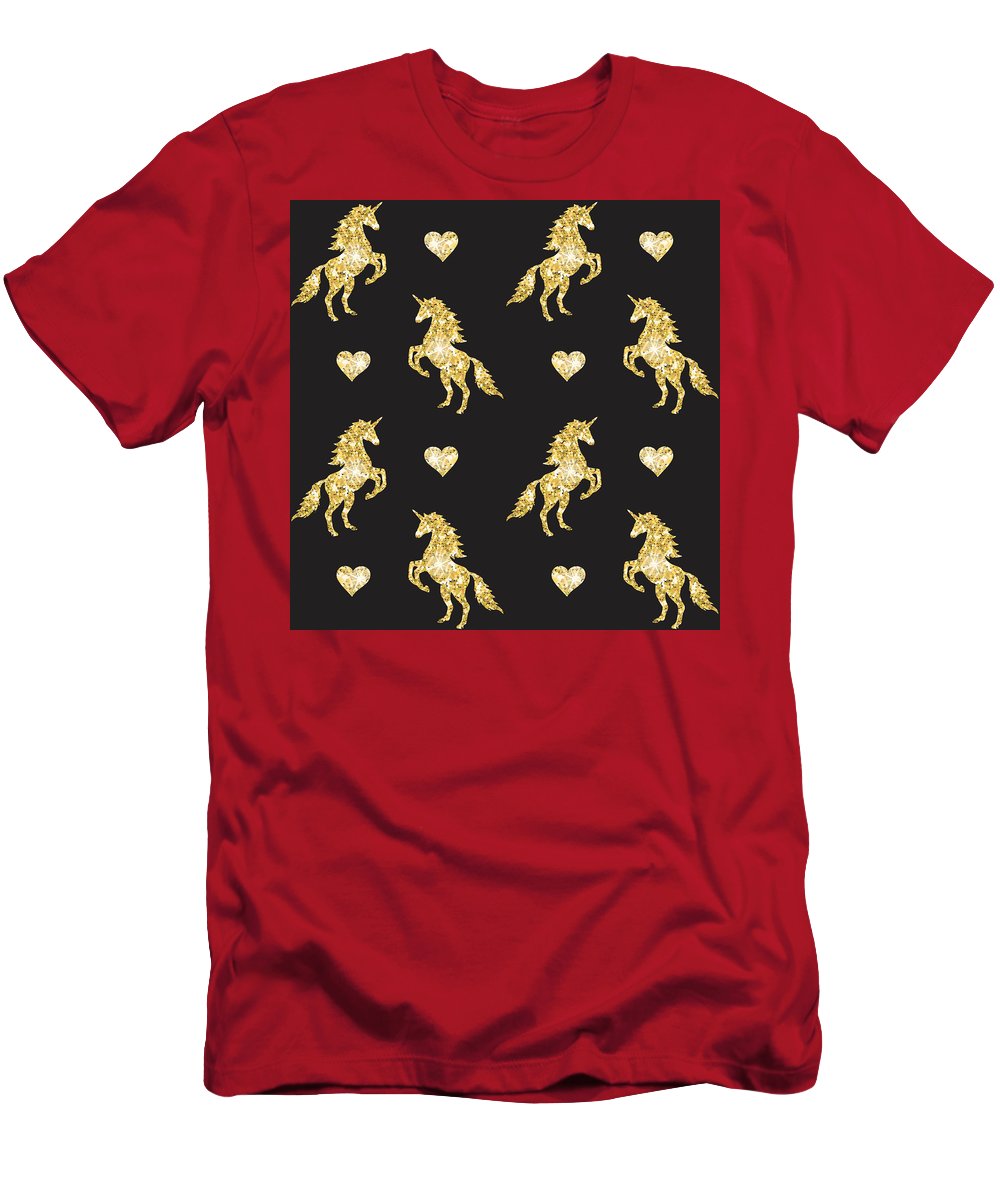Vector seamless pattern of golden glitter unicorn silhouette isolated on black background - T-Shirt